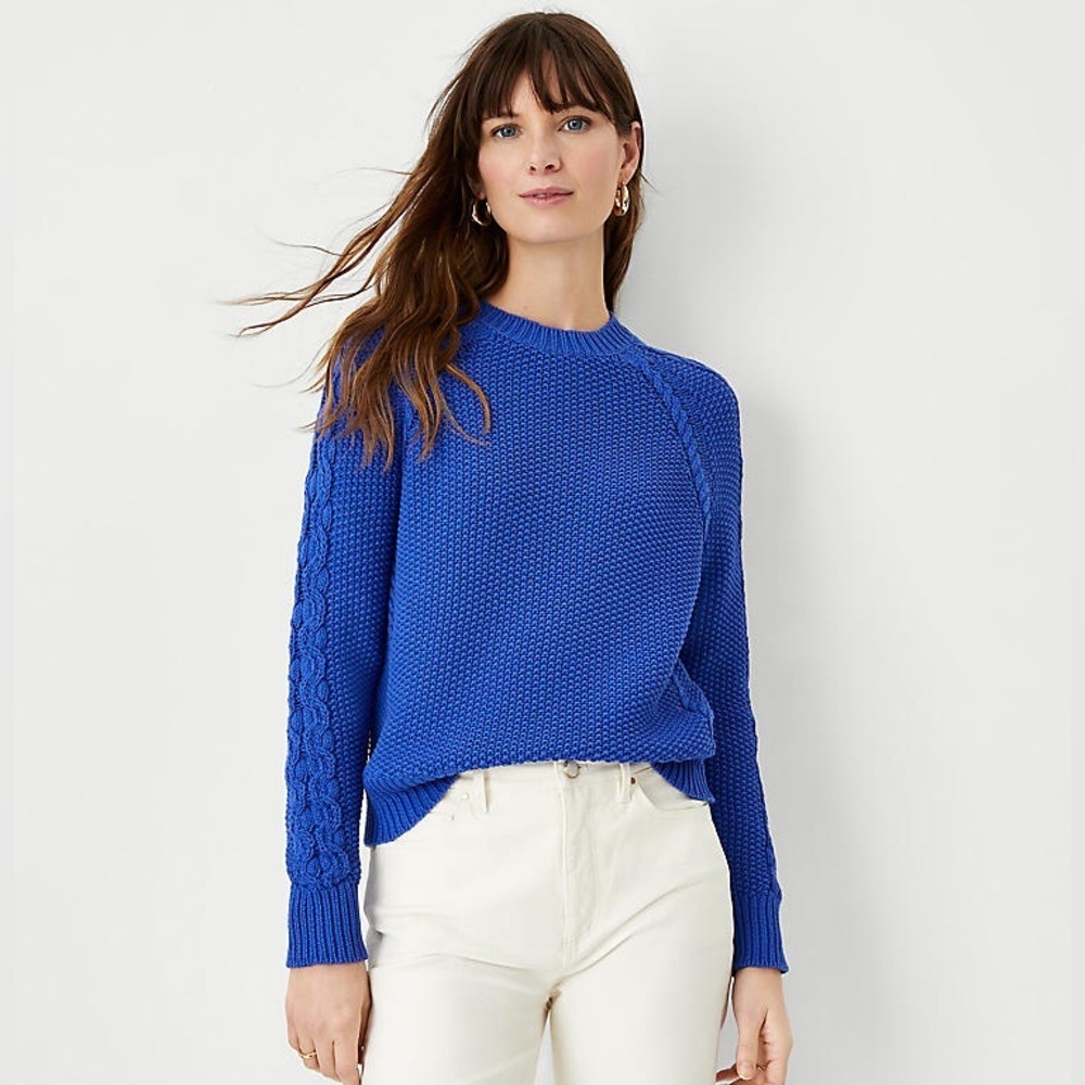 Ann Taylor Royal Blue Cable Knit Textured Round Neck Sweater (Size XS)